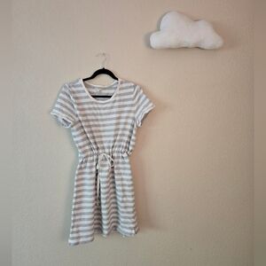Soft gray and white striped mini dress with a drawstring waist.Lightweight cott